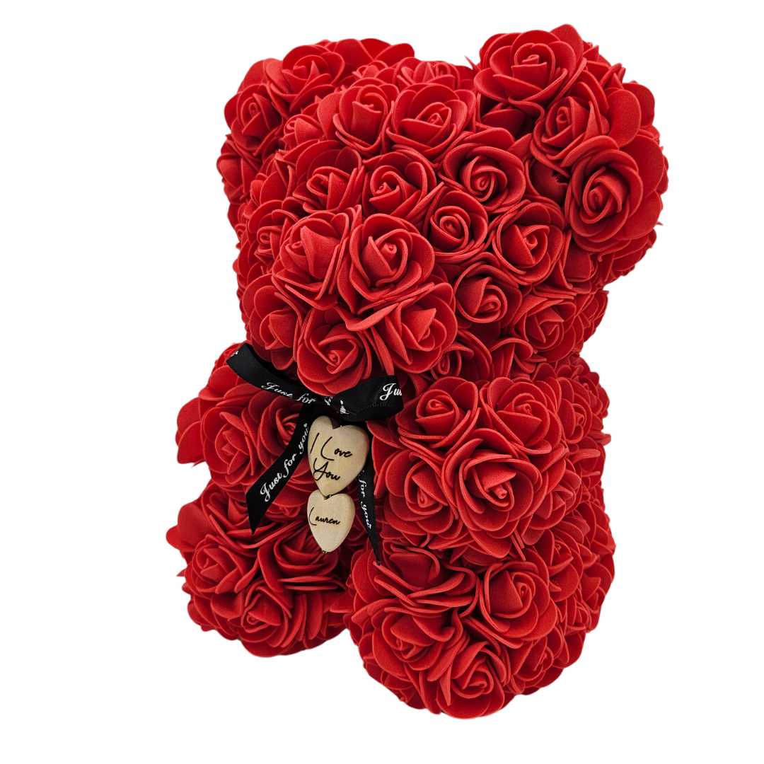 Personalised Rose Bear Engraved Wooden Heart