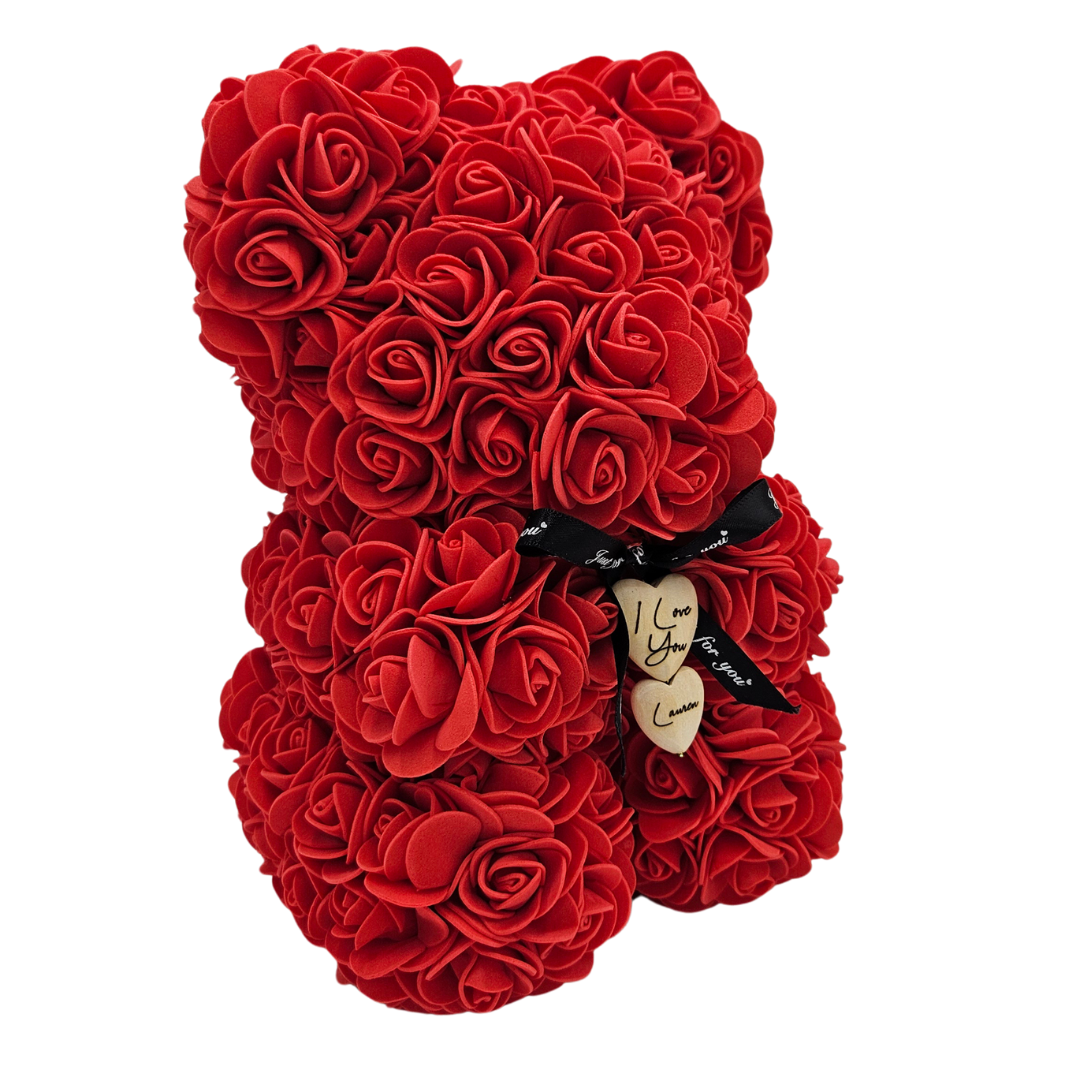 Personalised Rose Bear Engraved Wooden Heart