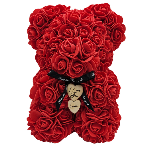 Personalised Rose Bear Engraved Wooden Heart